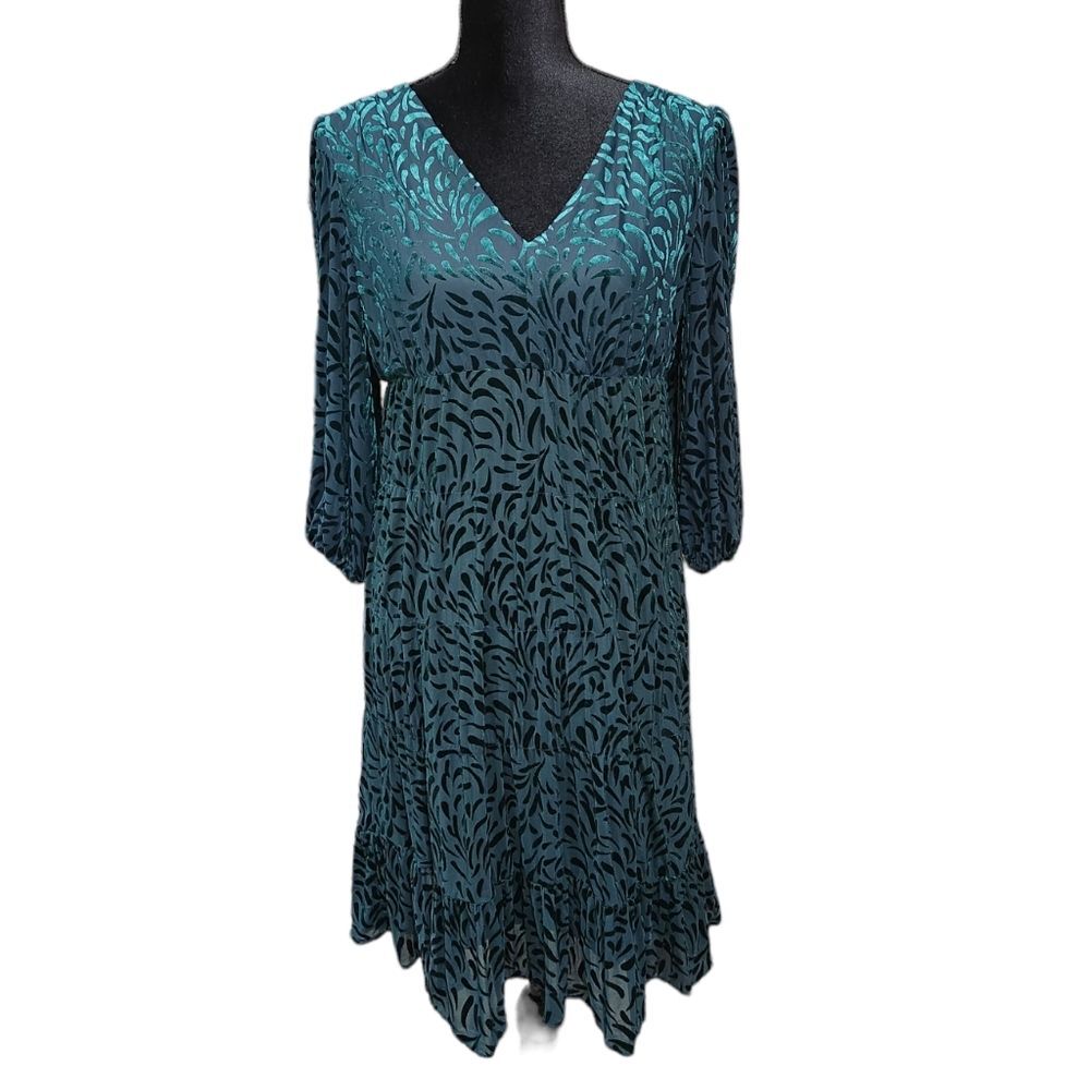 DKNY Green Sheer Long Sleeve V-neck Velvet Party Dress Size 8